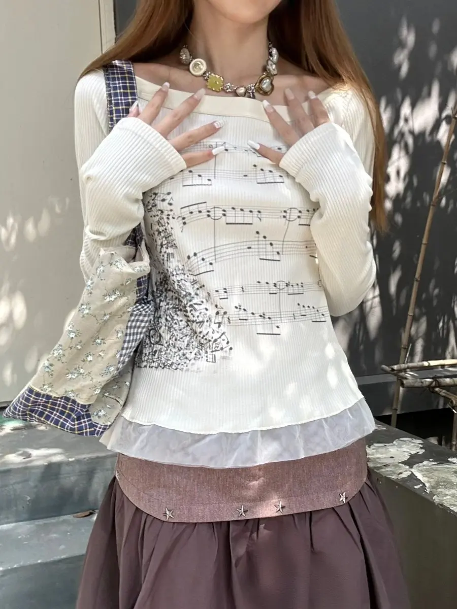 American Retro Long Sleeved T-shirt For Women Music Note Print Boat Neck Slim Fit Tees Hot Girl Y2K Patchwork Lace Tops