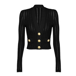 SML High Quality Fashion Hollow High Elastic Knitted Fabric V-neck Button Long Sleeve Slim Fit Temperament Casual Women Cardigan