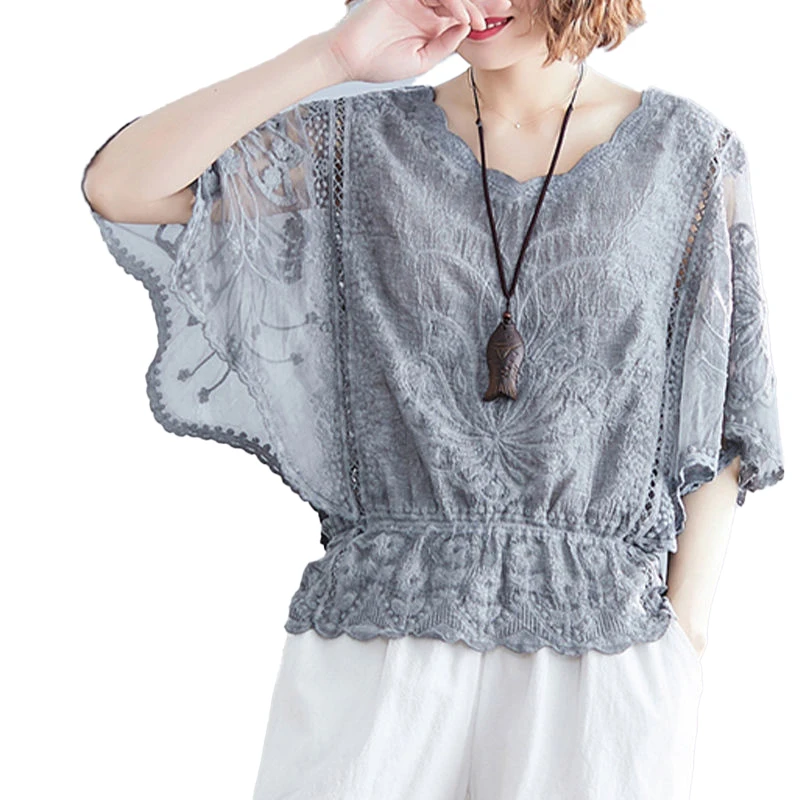 Fashion Spliced Lace Ruffles Hollow Out Batwing Sleeve Blouse Women\'s Clothing 2023 Summer New Casual Pullovers Embroidery Shirt