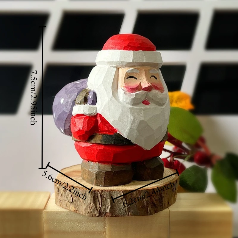 Hand Carved Cute Wooden Santa Claus Figurine Handmade Wood Craft Sculpted Painted Christmas Decoration Unique Holiday Ornament