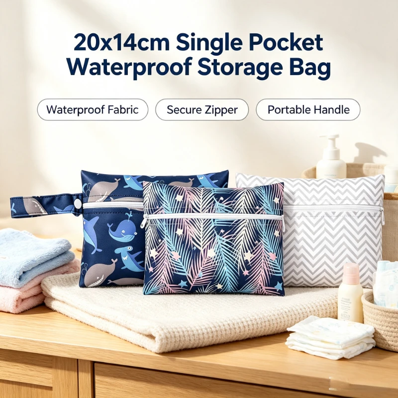 20x14cm Cartoon Printed Waterproof Pouch Snap Button Design Storage Bag Handle Portable Hanging Organizer Sanitary Pad Bag