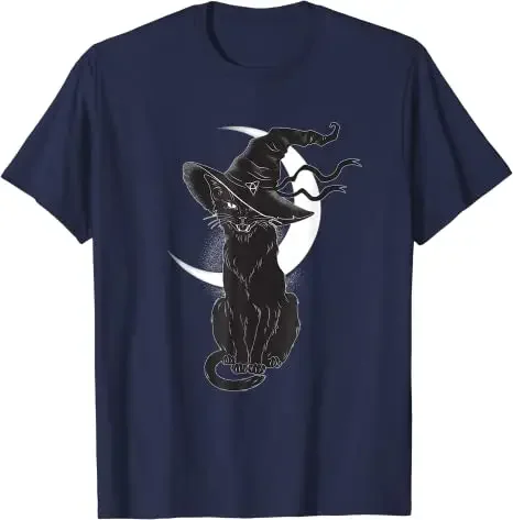 Cat-Lover Aesthetic Clothes Graphic Tee Tops Gifts Cotton Outfit Moon Halloween Scary Black Cat Costume Witch Hat mens T-Shirt