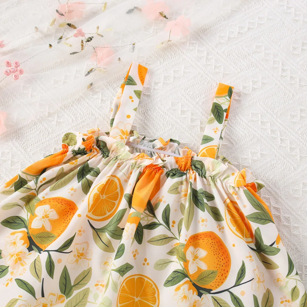 2-piece Summer Two-piece Baby Girl Suit Orange Pattern Hand-painted Style Sweet Casual Girl Suit Suspenders + Shorts