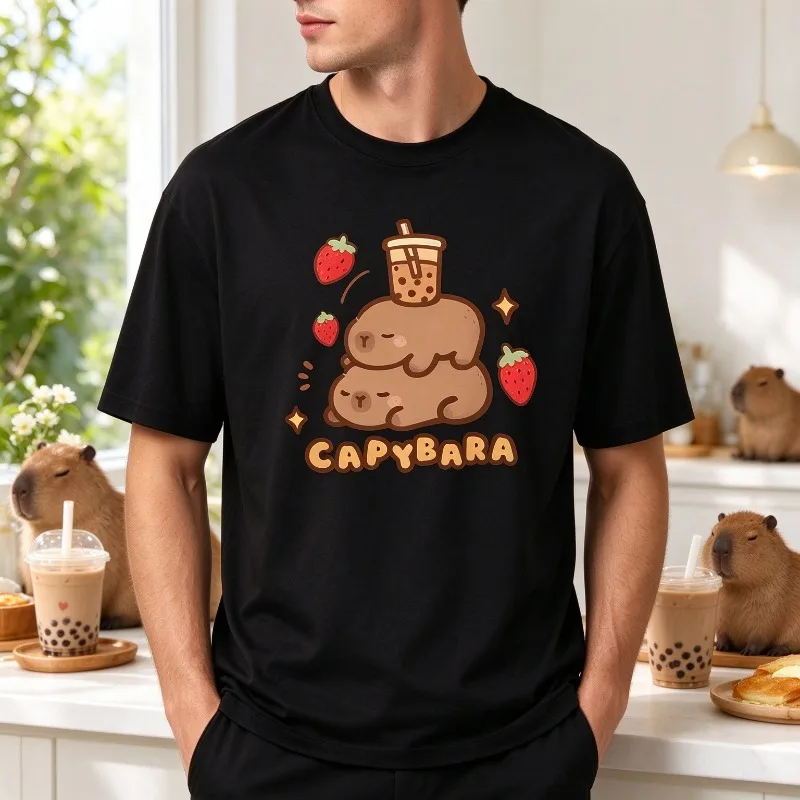 CAPYBARA T Shirt Men Cute Capybara Stack Milk Tea Strawberry Graphic Print Soft Modal Crewneck Tee Fashion Streetwear Top