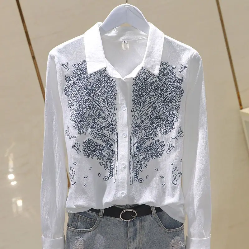 Spring 2025 New Korean Style Slim Fit Blouse Women Long Sleeve Shirt with Heavy Embroidery Versatile Elegant Top
