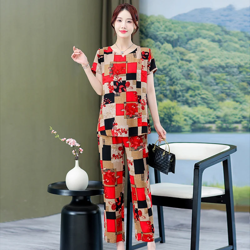 Summer Elegant Two Piece Sets for Women Blouses 2023 New Vintage Print Trouser Sets Summer Casual Middle Age Women Outfit