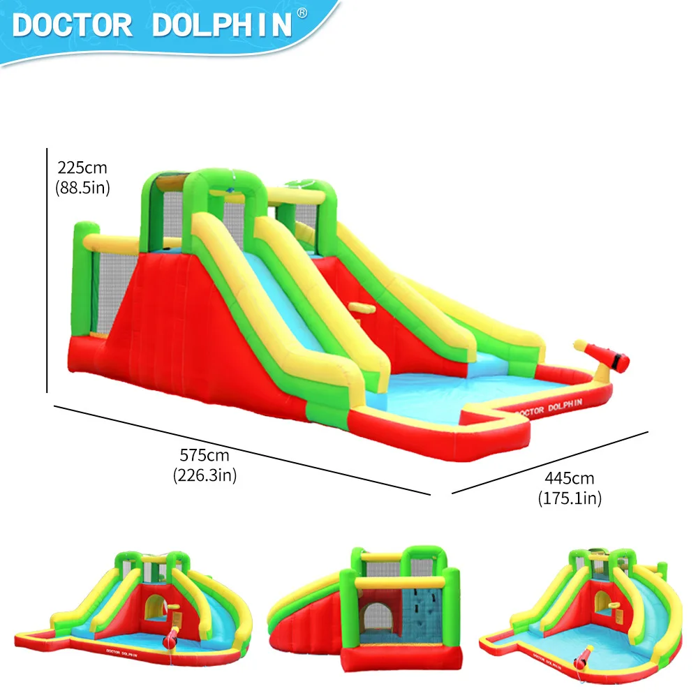 Doktoral Delphin Aufblasbare Wasser Silde Outdoor Wasser Spray Stil Doppel Rutsche Bounce Haus Kinder Sommer Spielzeug Mit Gebläse