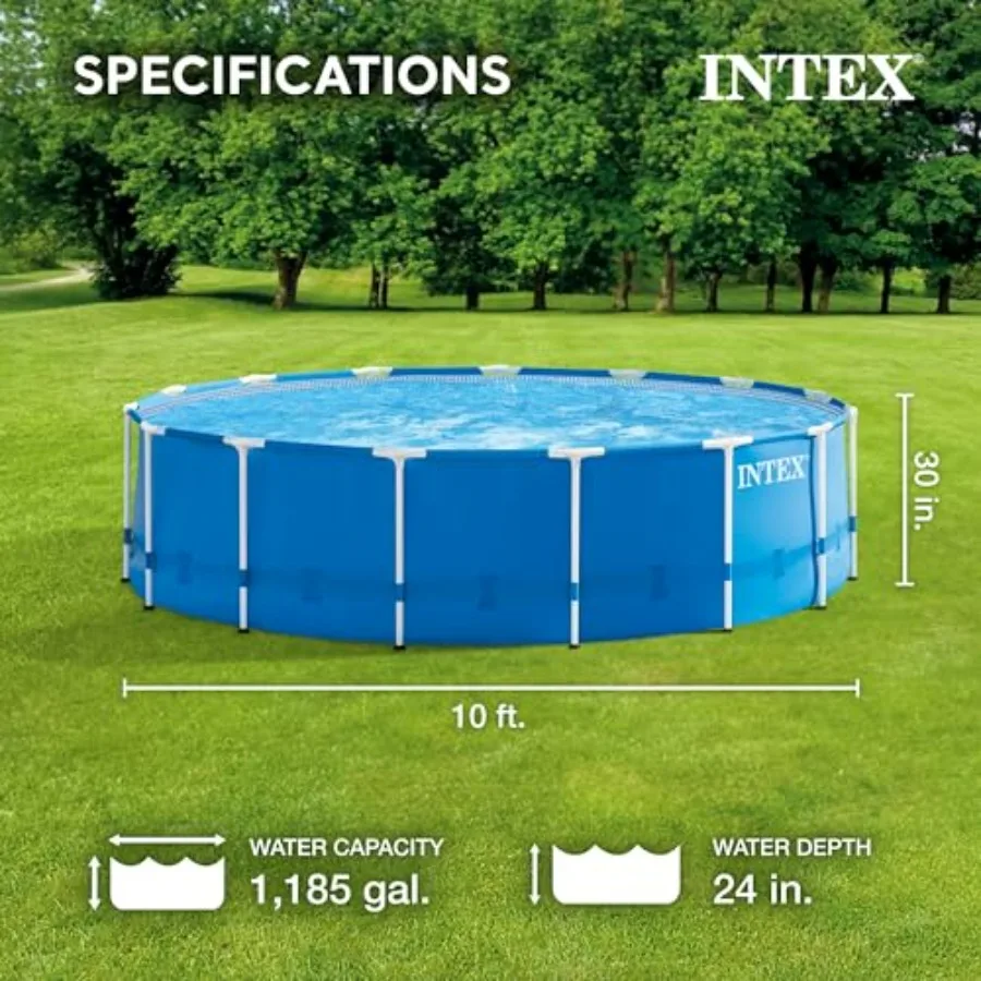 Outdoor swimming pool set with metal frame, 10' x 30 round, silver finish, corrosion-resistant material, includes 330 GPH filte