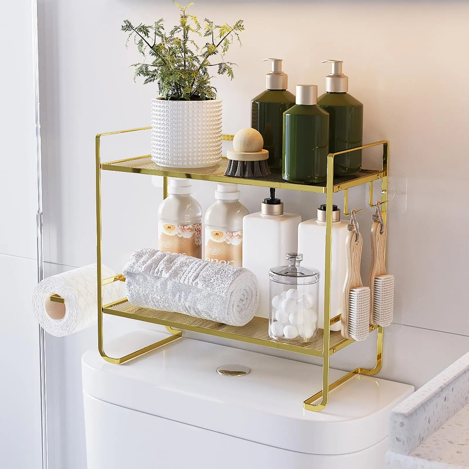 2-stöckiges Über-Toiletten-Aufbewahrungsregal, Wandmontierter Metall-Badezimmer-Organizer mit Toilettenpapierhalter und Haken, Bohrfreie Installation für Kleine Badezimmer, Schwarz/Gold/Silber