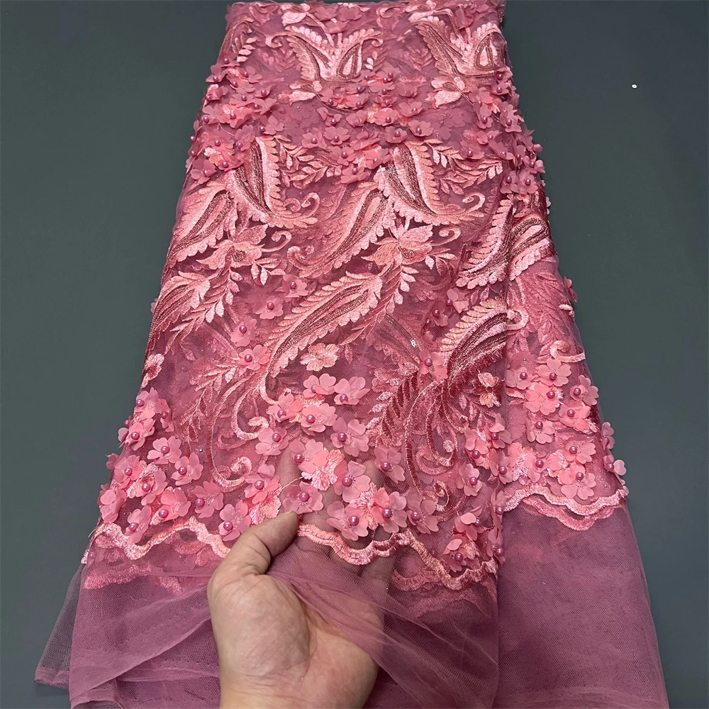 

African Nigerian Sequins Cotton Embroidery organza Lace Fabric, Tulle Wedding Party Dress, High Quality,5Yards, 2025,ZJ046-1/104