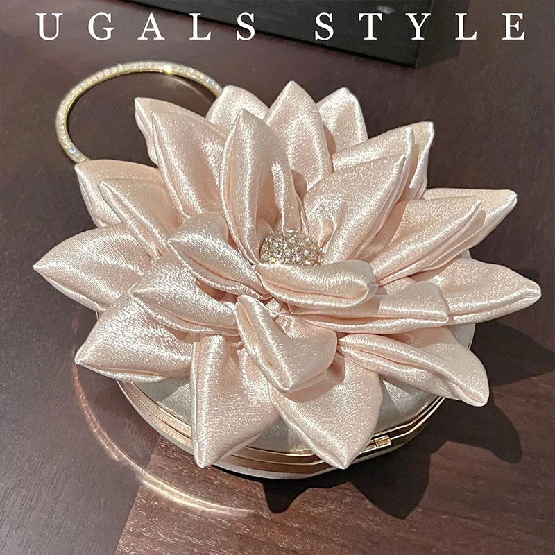 Metal Ring Handle Women Handbag Luxury Satin Solid Floral Handmade Evening Bag Wedding Party Clutch Purse Shoulder Crossbody Bag