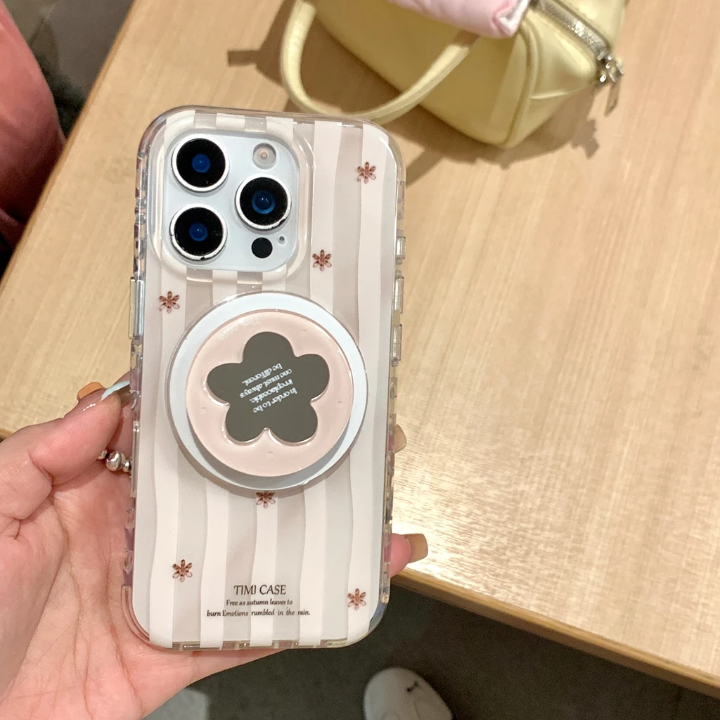 

Simple Stripe Flowers Mirror With Holder Magnetic Wireless Charging Phone Cover Case for iPhone 16 15 14 13 Pro Max