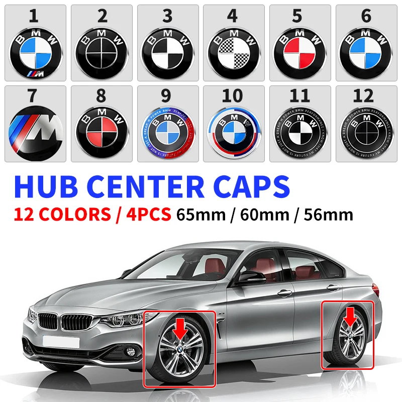 4PCS 56MM 60MM 65MM Car Emblem Wheel Center Hub Caps Stickers for BMW E28 E32 E34 E53 E64 F10 F20 F30 X1 X3 X5 X6 E71 E90 E91