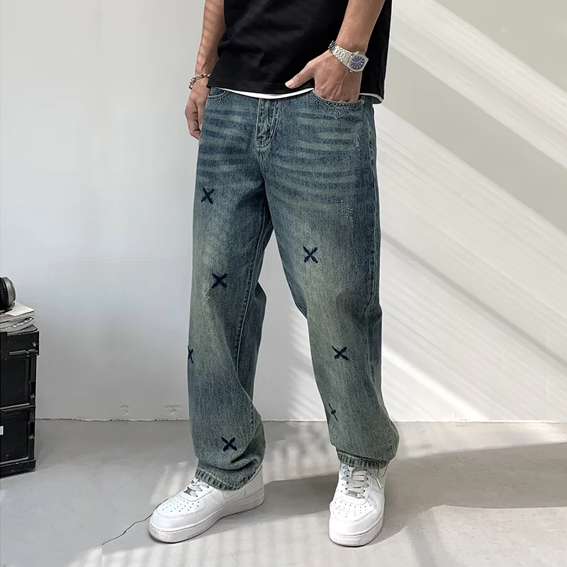 Embroidered Straight Jeans Men\'s Hip Hop Style High Street Fashion Brand Retro Blue Youth Loose Leisure All-Matching Trousers