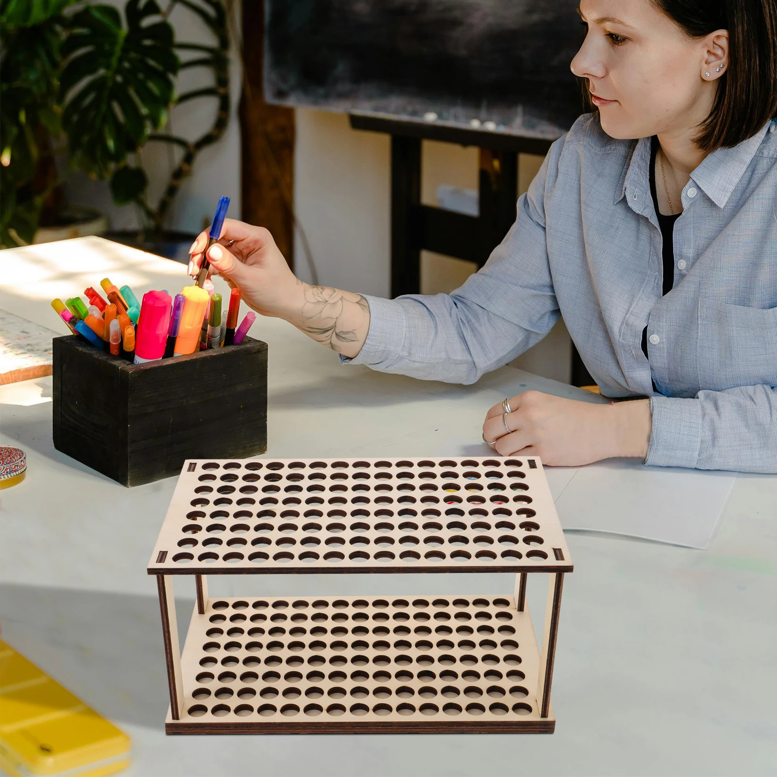 

Wooden Pen Holder Paint Brush Organizer Rack Crafts Storage Container Students Paintbrush Case Empty Oil Paint Box