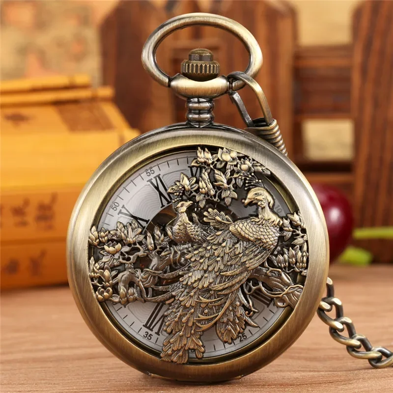 

Antique Hollow-out Phoenix Clock Mechanical Hand Winding Pocket Watch for Men Women Roman Number Skeleton Fob Chain