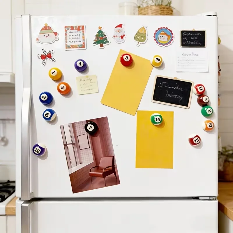 15 kinds of magnetic billiard ball-shaped refrigerator magnets, made of resin material, with circular design.