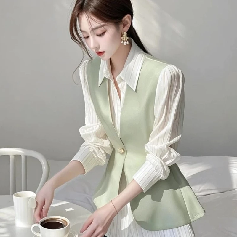 

Весенне-осенняя темпераментная лоскутная контрастная блузка с длинным рукавом, искусственная модная рубашка из двух предметов, топы, корейская элегантная женская одежда