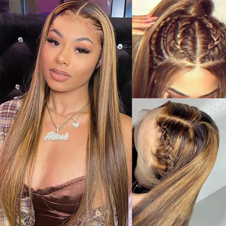 

200% Density 13X6 13X4 Highlight Ombre Lace Front Wig 4/27 Honey Blonde Human Hair Bone Straight Lace Frontal Wigs For Women