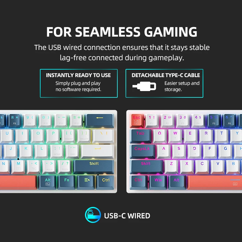 Machenike K500-B61 Mini Teclado Mecánico 60% Factor de Forma 61Teclas Teclado Gaming Con Cable Tecla Completa Retroiluminación RGB Hot-Swappable