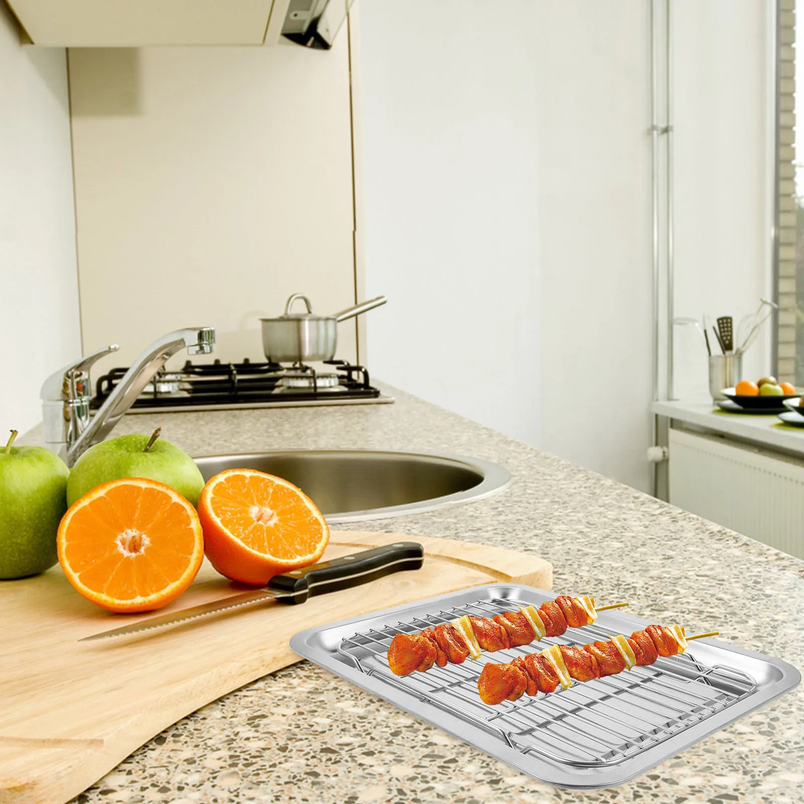 

1 Set Stainless Steel Fried Food Serving Tray Oil Drain Plate Multi-Use Snack Storage Rack Cooling Baking Pan Wire Rack For