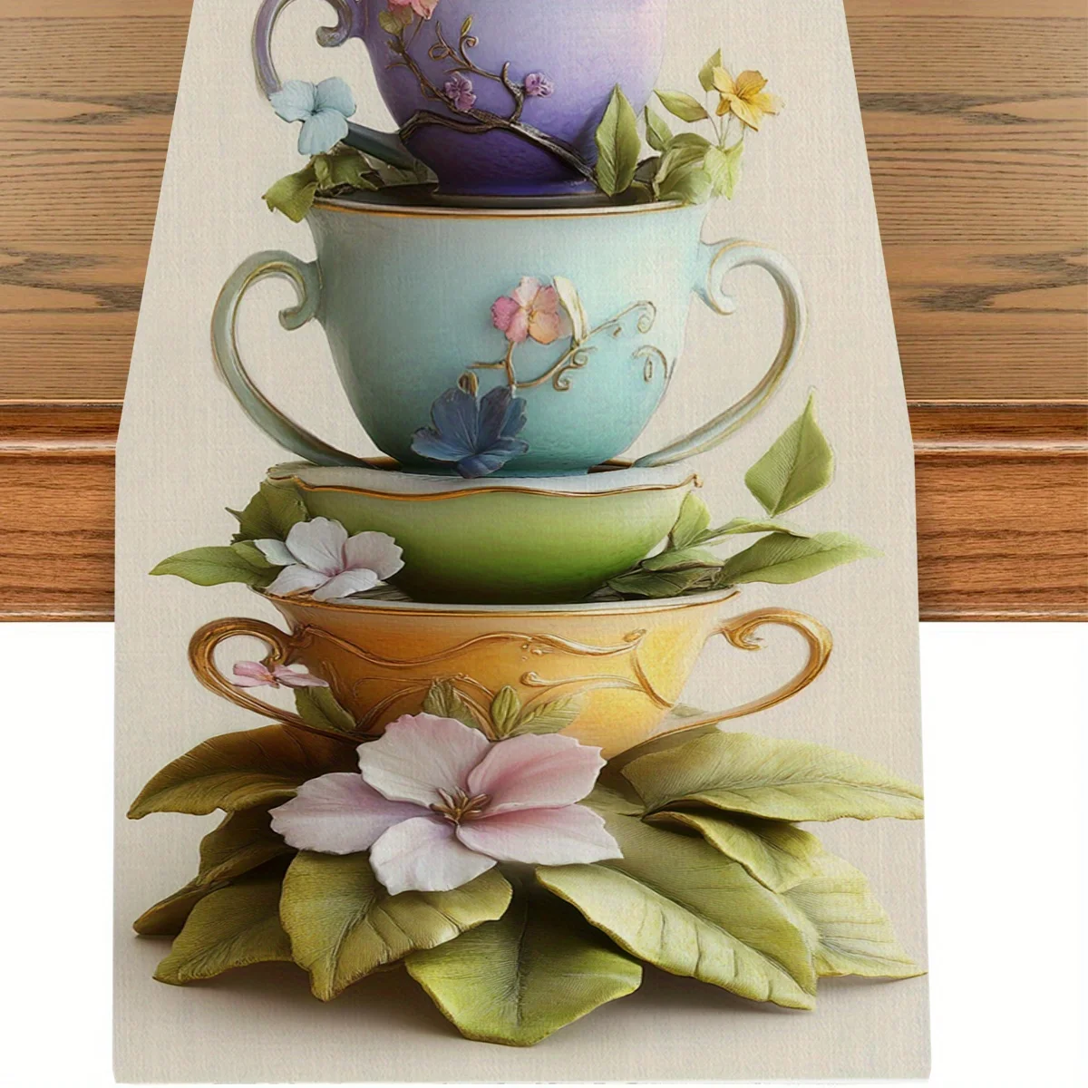 1 Piece of Artistic Teacup and Bird-Shaped Table Runner, Suitable for Valentine's Day, Tablecloth and Home Decoration Fabric, for Family Gatherings, Home Decoration, Indoor Coffee Table, Living Room and Kitchen Dining Room