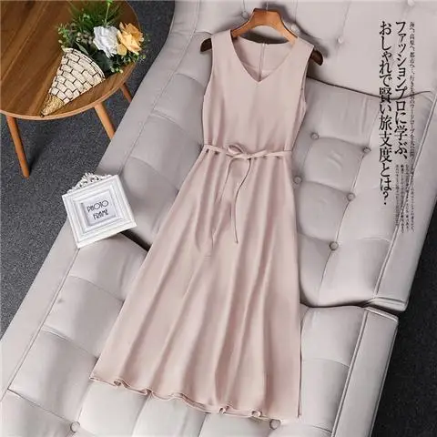 

2024 Summer Fashion Round Neck Solid Color Suspended Dress for Women Elegant High Waist Chiffon Slim Fit Soft Dress L166