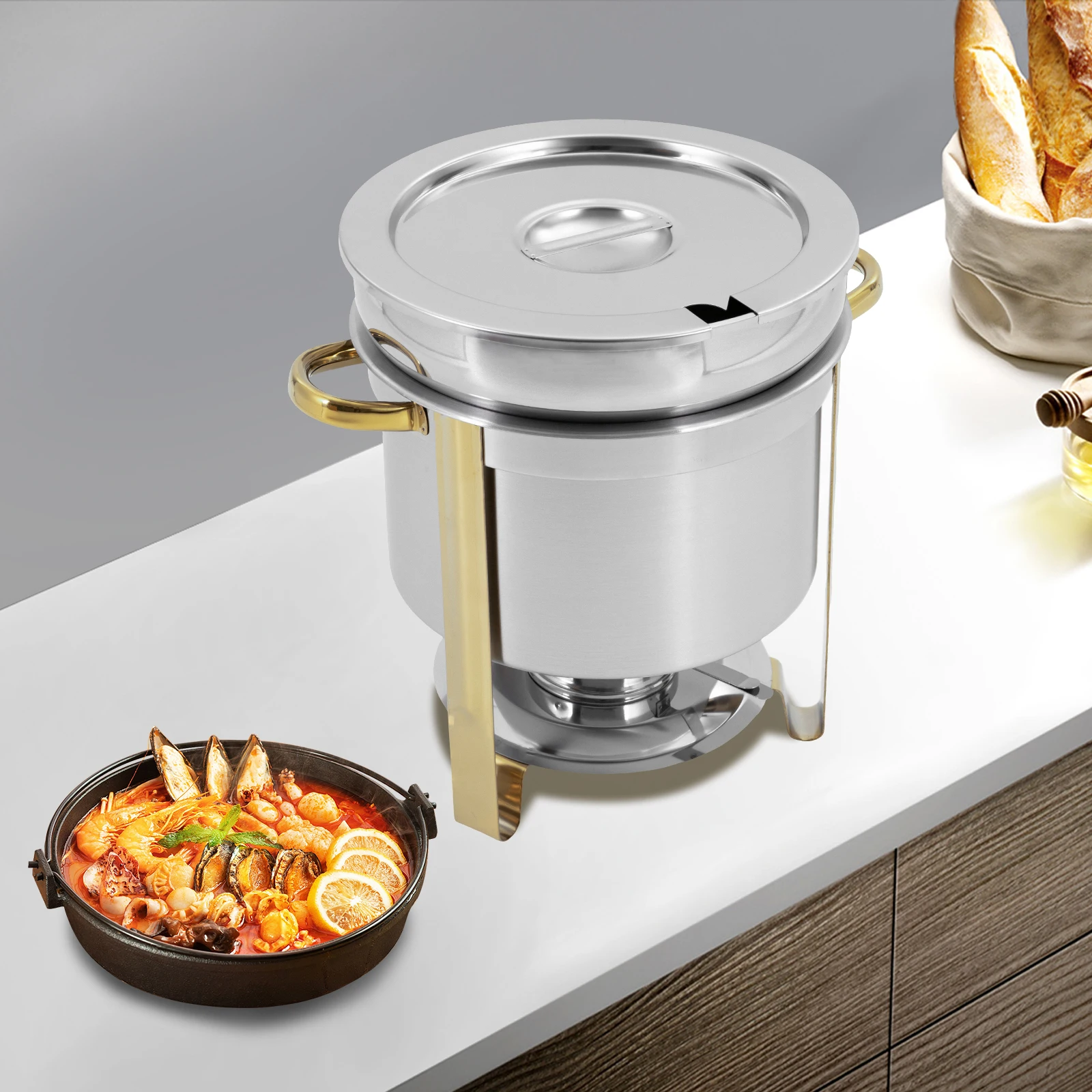 

11Qt Soup Chafer w/ 2-Pot & Fuel Holder, Stainless Steel Round Warmer Catering Supplies Food Chafing Dish Buffet Set Party Event