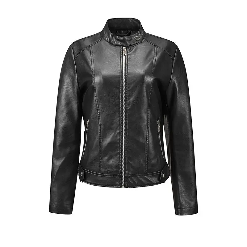 Fall 2026 Women's 3D American Retro PU Leather Jacket round Neck Zipper Street Style Versatile Thick Synthetic Leather Coat