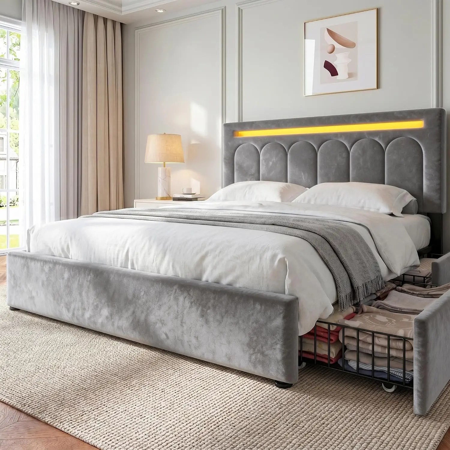Velvet Upholstered Queen Bed Frame with 4 Storage Drawers | Adjustable Headboard for Different Mattresses, LED, Customized
