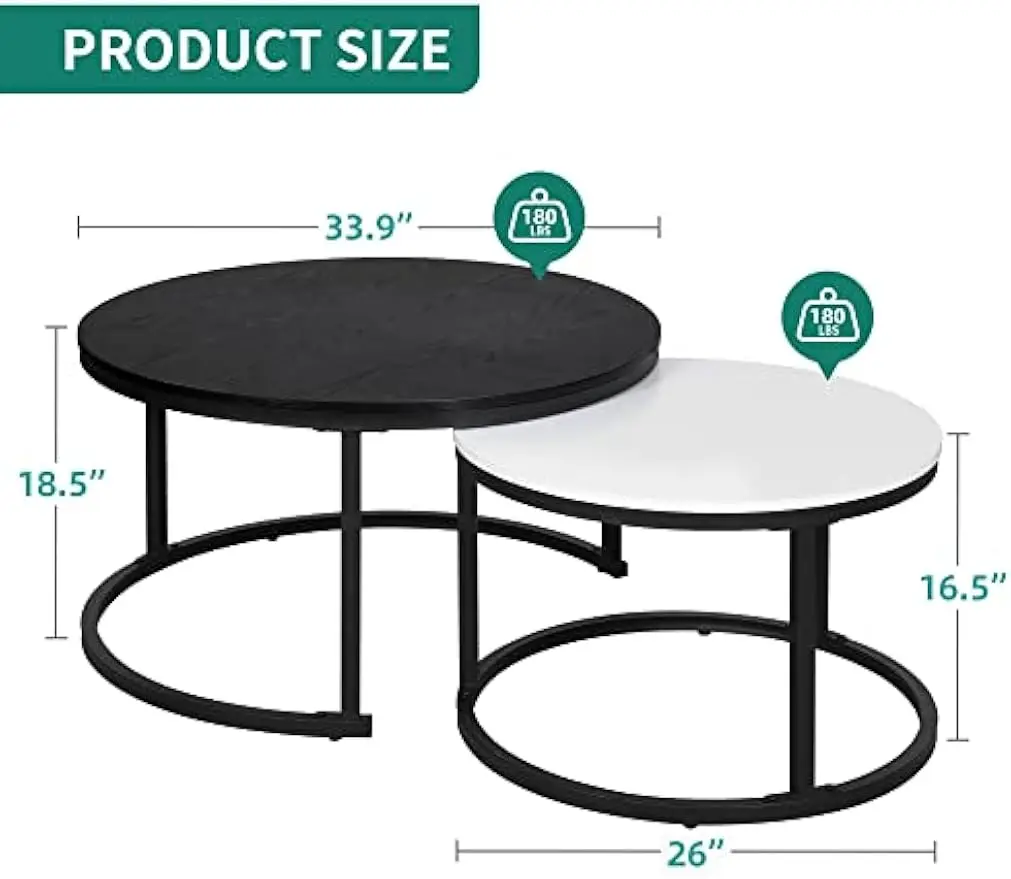 Conjunto de 2 mesas de centro aninhadas, mesa de centro redonda para sala de estar, mesas de centro de madeira com estrutura de metal resistente, preto e branco