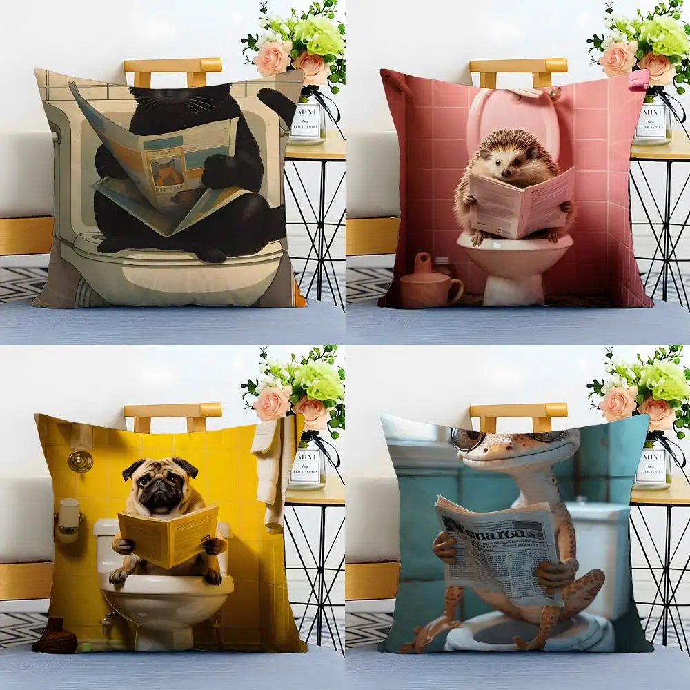 Playful Funny Bathroom Humorous Animal Cushion Cover Washable Linen comfort Soft  for Sofa Bed Cozy Home Room Decor