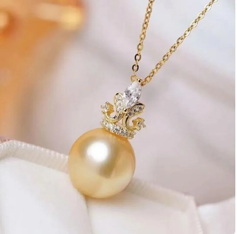 NEW AAAA 9.5MM SOUTH SEA ROUND Vintage Princess Crown Pendant NECKLACE 925S””