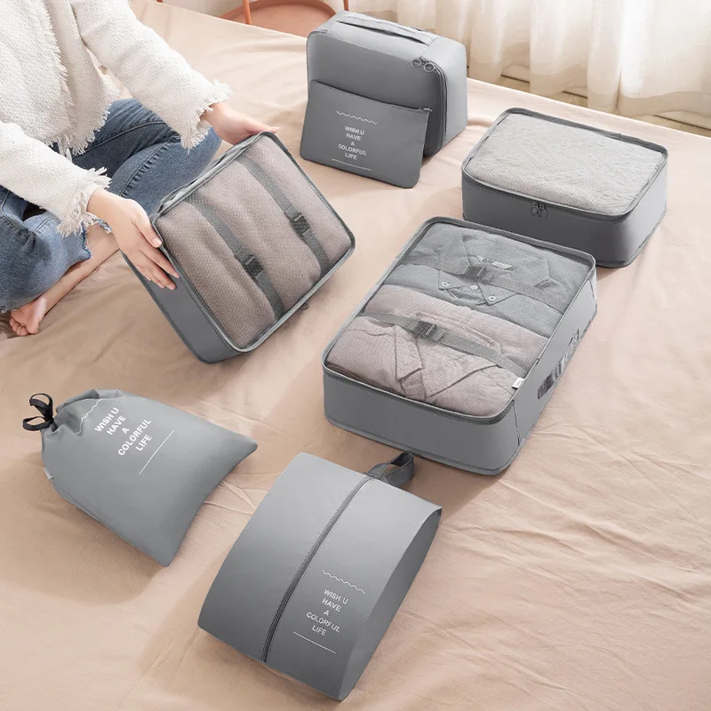 7 Pcs Travel Organizer Set Packing Cubes Portable Wardrobe Suitcase Storage Bags Clothes & Shoe Pouches for Portable Luggage