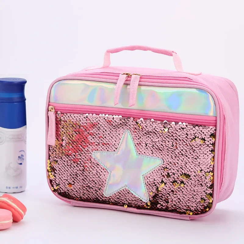 High Quality Fashion Waterproof Reverse Sequin Insulated Kids Girls Boy Lunch Box Glitter Tote Bag Cooler Picnic Pouch for Food