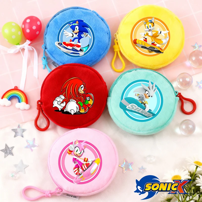 Sonics Plüsch-Geldbörse für Jungen und Mädchen, Anime-Cartoon, kreisförmige Geldbörse, niedlicher Rucksack-Anhänger, tragbare Aufbewahrungstaschen, Mini-Beutel, Weihnachtsgeschenke
