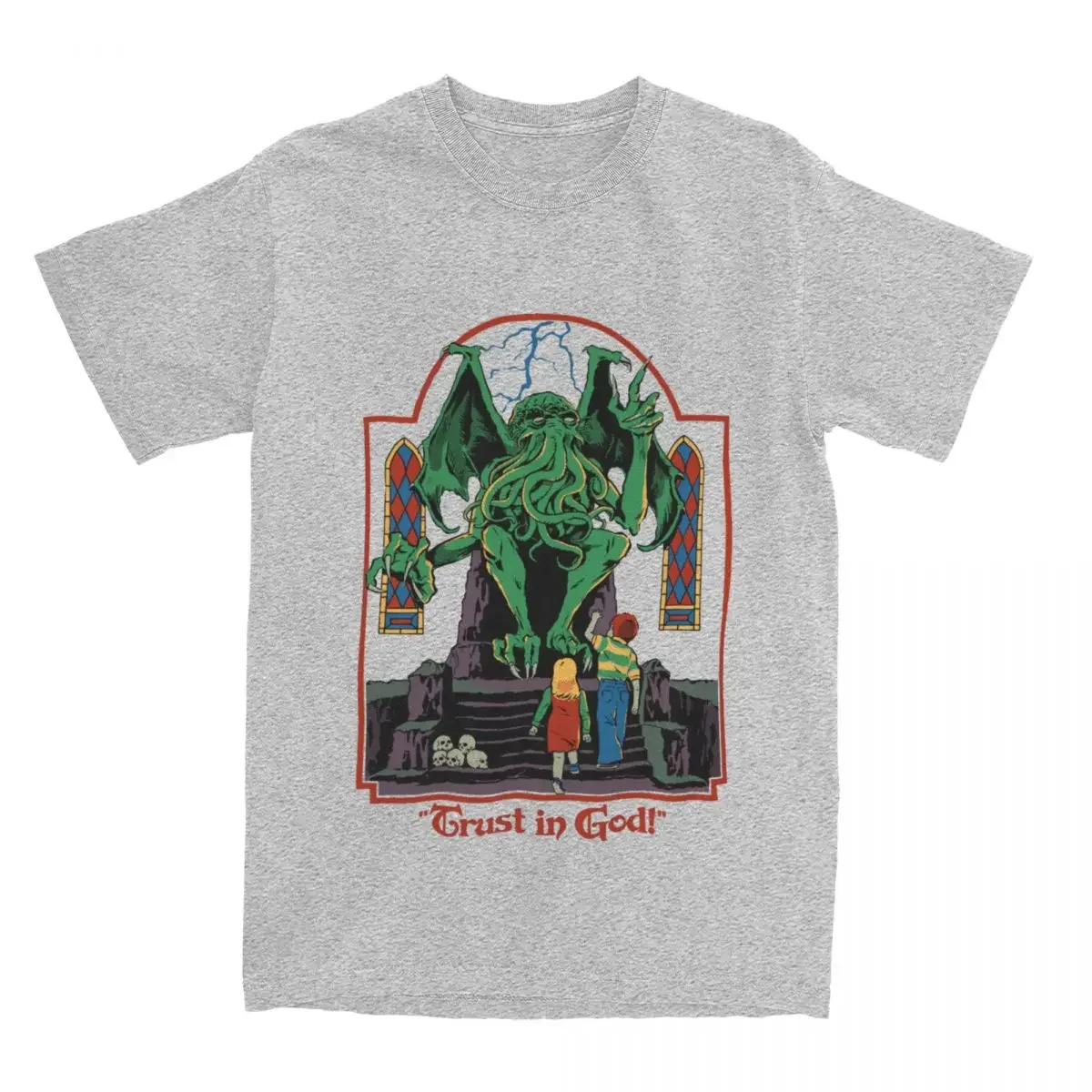 Trust In God T Shirts for Men Cotton Novelty T-Shirt Halloween Retro Cthulhu Lovecraft Occult Tee Shirt Short Sleeve Clothes