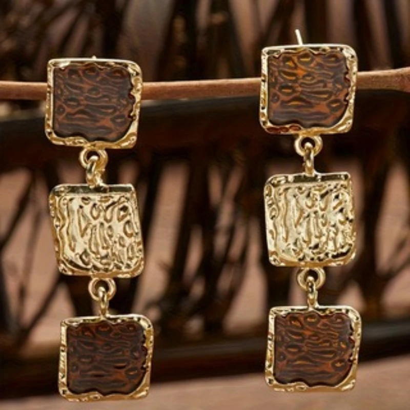 Vintage Bohemian Gold and Coffee Color Pleated Square Pendant Earrings Women's Personalized Trendy Accessories Jewelry