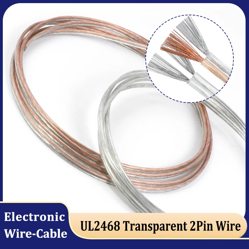 2m ~ 100m Transparent 2Pin Extension Wire UL2468 30 28 26 24 22 20 18 16 AWG PVC Sheath Power Cord Audio Speaker Cable Led Line