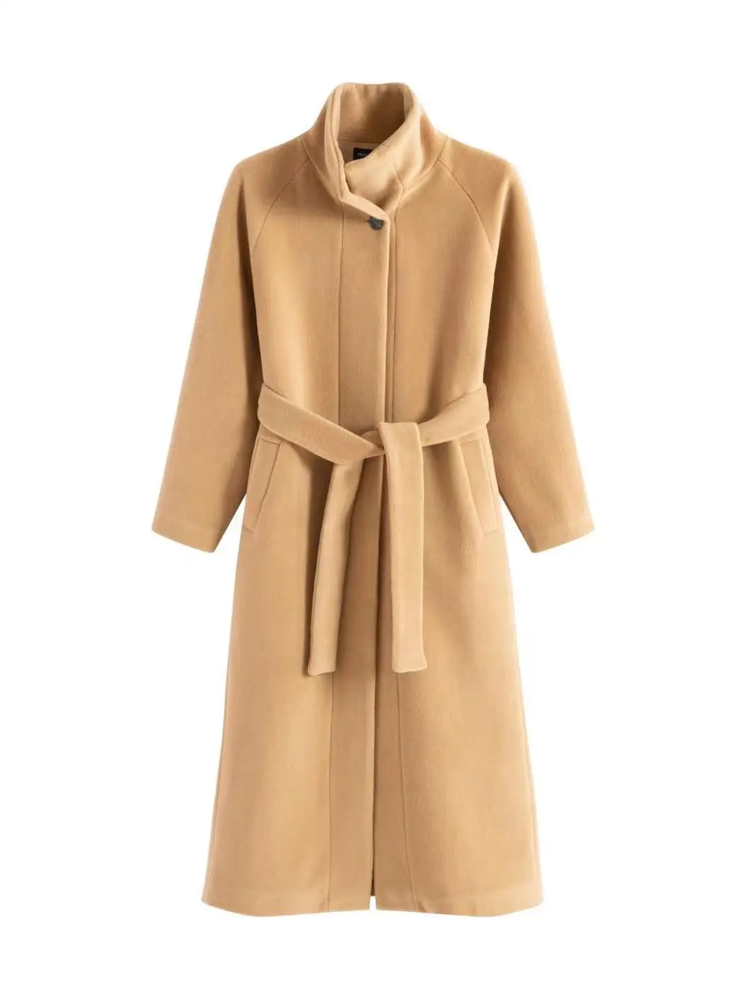 

MOSU 00 Woolen Camel Colored Stand Collar Retro Sle Women's Coat Long Sve Straight Cut Suiting Material Winter New Arrival