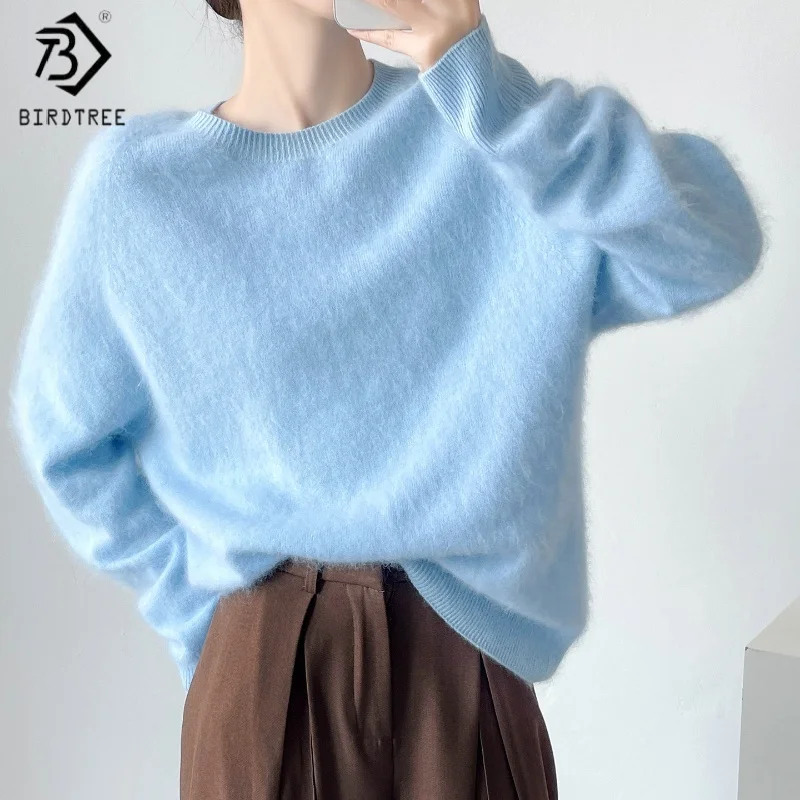 Birdtree,96.5% Sheep Wool 3.5% Cashmere Plush Knitted Sweater,Woman O-neck Bottoming Knitwear,2025 Autumn Soft Pullover T5O818JF