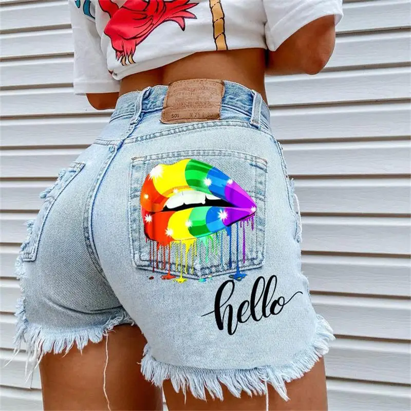 

Women's Denim Shorts 2024 Summer New Color Lip Fringe Fashion Plus Size Denim Shorts