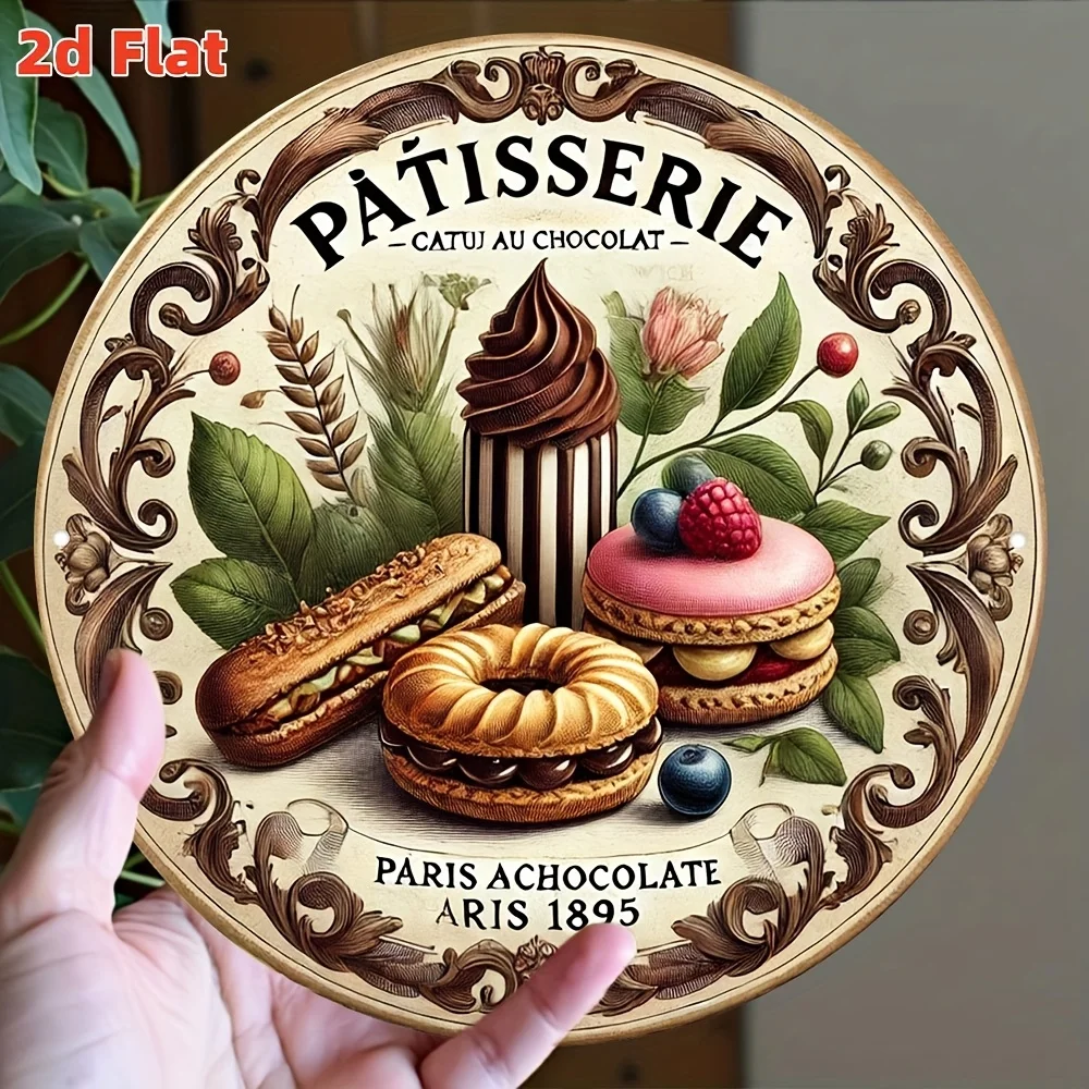[2D Flat] Vintage Parisian Baking Shop Metal Wall Art - 19.81cm Round Aluminum Sign with Intricate Patisserie Design, Waterproof