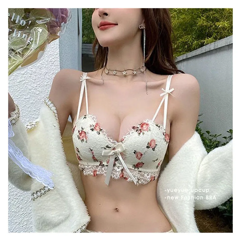 

Floral Underwear for Women With Small Breasts Gather Sexy Lace Bralette Push Up Bra Girl's Without Steel Rings Brasieres Female