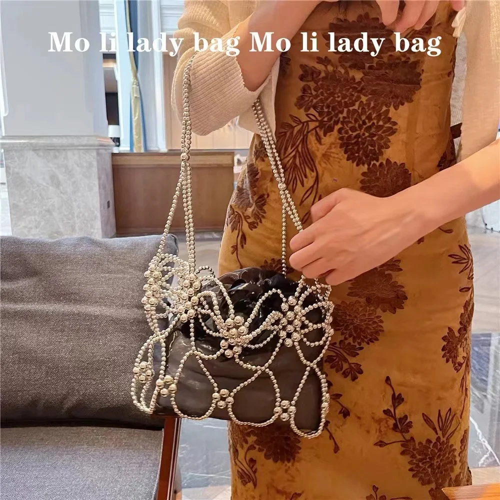 

Silver Beads Beading Woven Handmade Handbag Hollow Out Fashion Square Bag Women Shoulder Underarm Bag Casual Bag Lady Purse