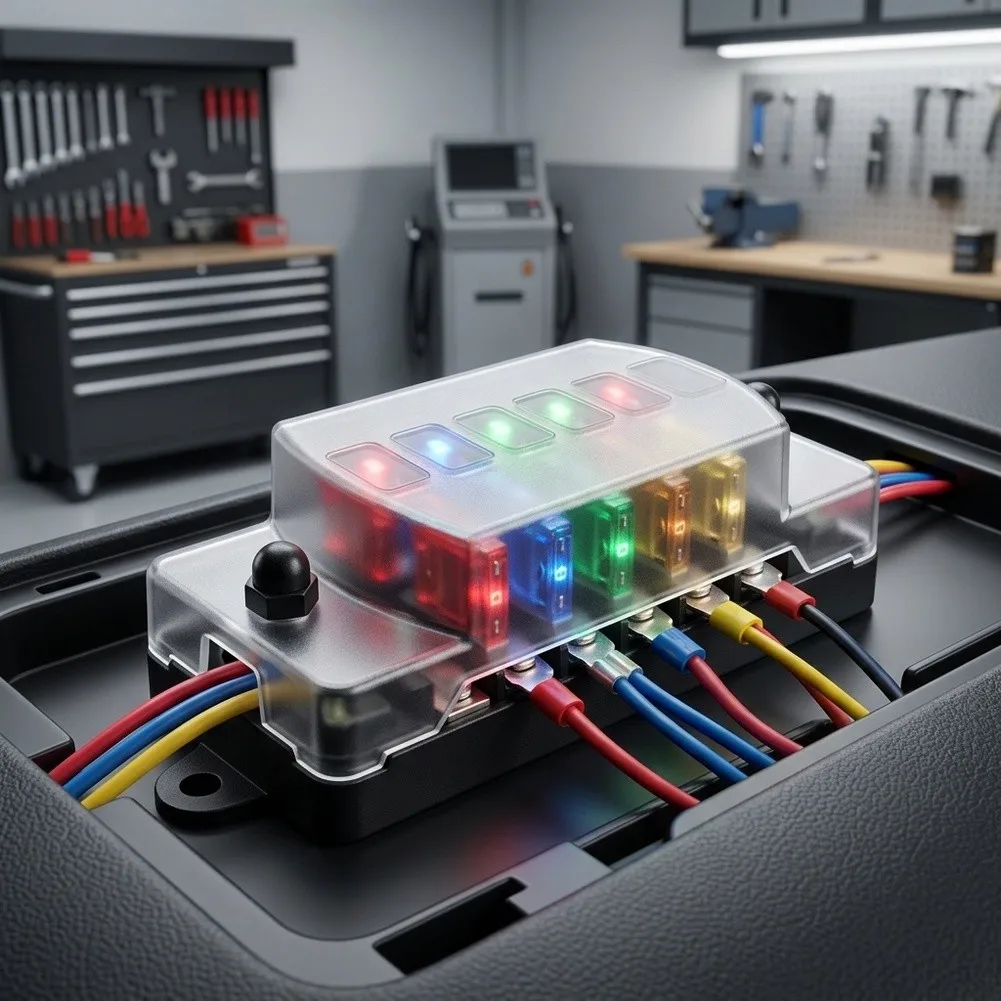 6 Way Car Fuse Box with Individual Circuit LED Indicators for RVs Boats Yachts Buses and Vehicles Black PBT+PC Housing