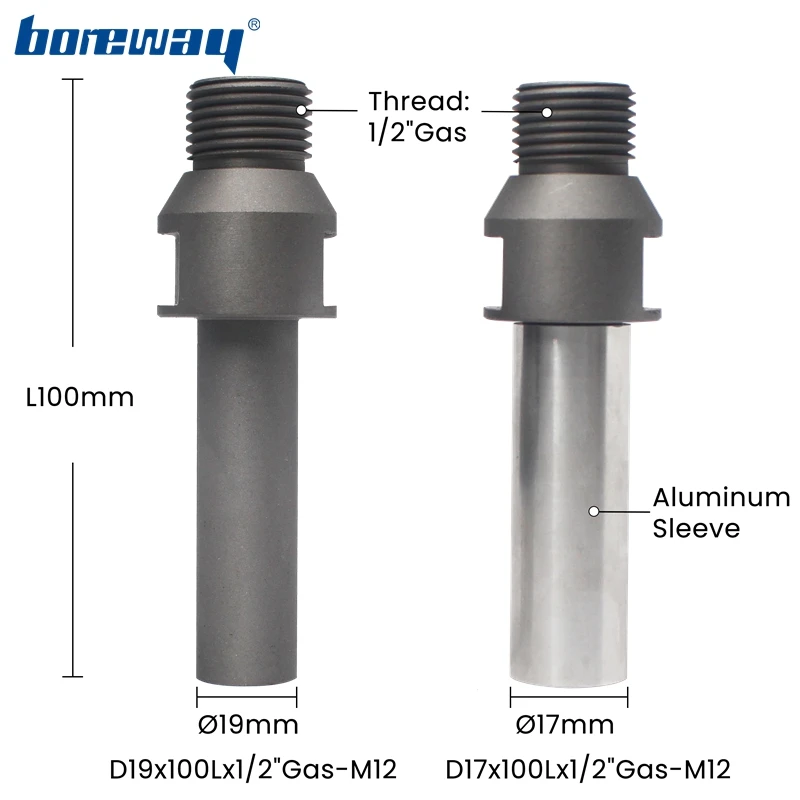Boreway 다이아몬드 드릴 비트용 연마기 비트 샤프트 어댑터, 1/2 인치 가스 또는 M12 스레드, D19x68L/100L