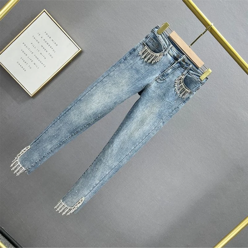 

European Style Fringed Jeans Women 2026 New High Waist Stretch Spring Summer Slim Ankle Pants
