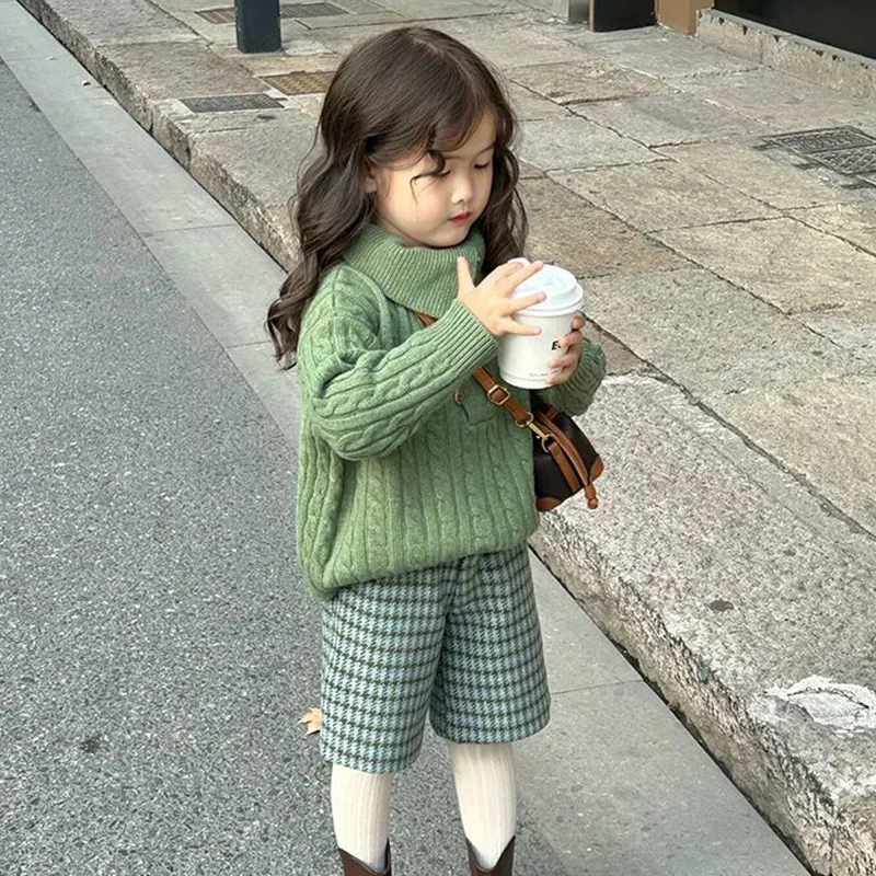 Korean children's wear 2025 autumn new fashionable green high-neck herringbone jumper girls bird's-eye fashion versatile
