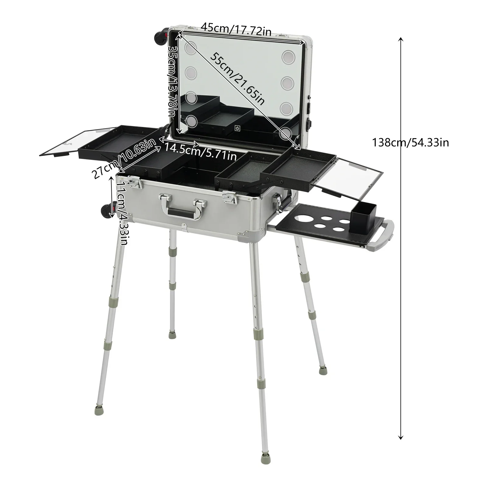 Портативный 21-дюймовый серебряный косметичка со светодиодной подсветкой, регулируемыми ножками по высоте и универсальными колесами для удобного путешествия